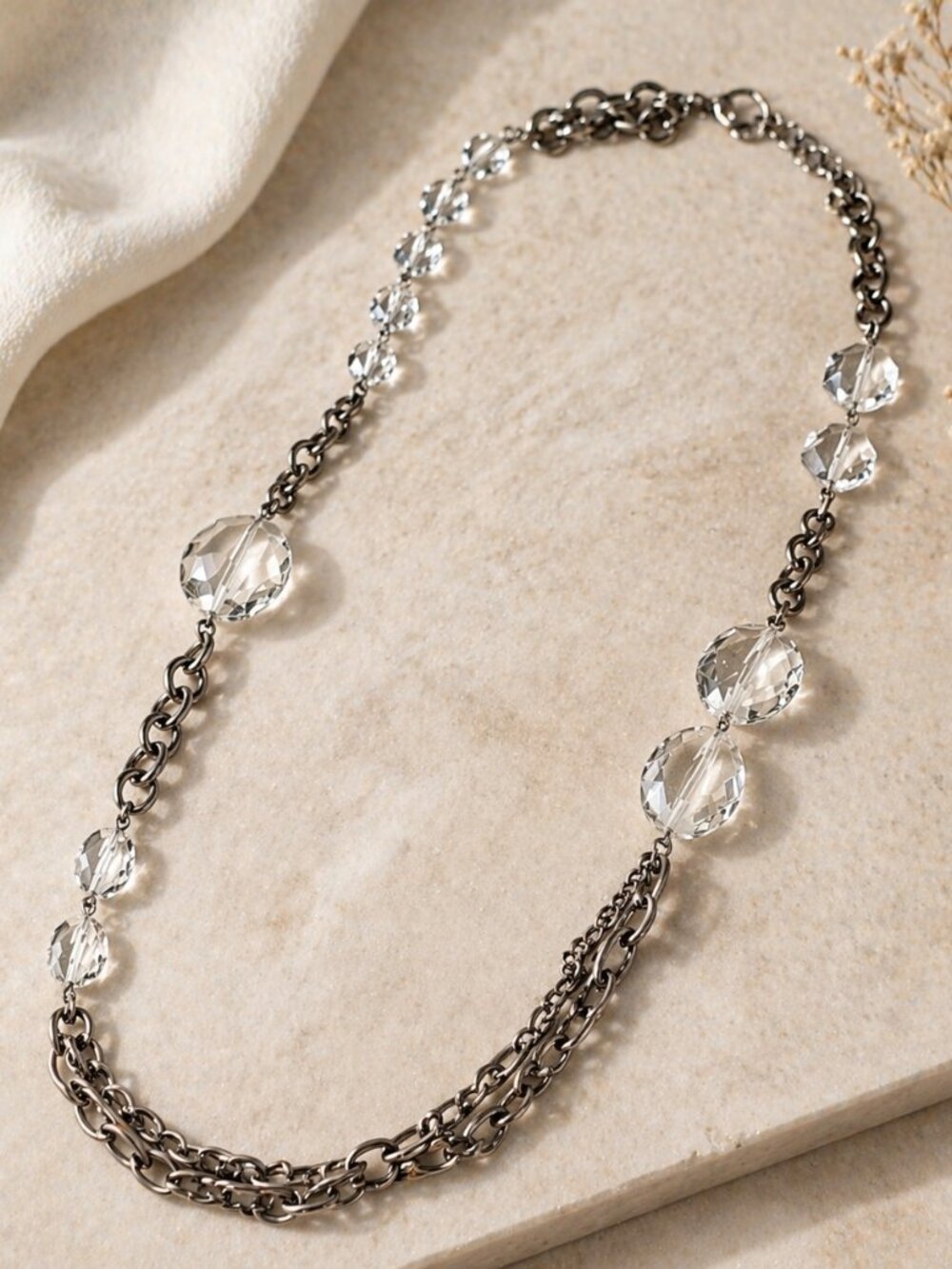 Long Silver Tone Chain Necklace with Clear Faceted Beads